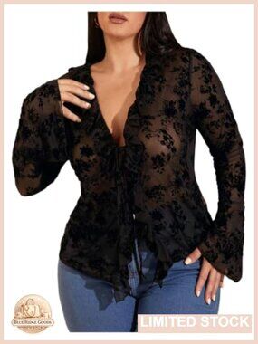 Plus Size Lace Mesh Sheer Tie Front Going Out Top